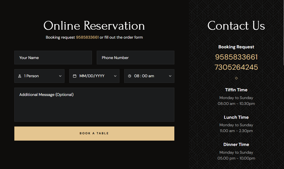 Booking Table Information